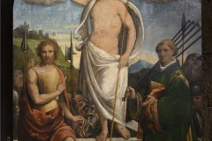 10 Cerchia di Bernardino Tisi Cristo risorto tra i Santi Battista e Lorenzo